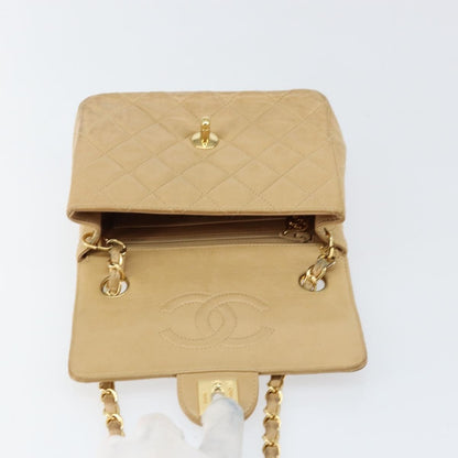 Chanel Vintage Square Classic Single Flap Bag Quilted Lambskin, BEIGE, LEATHER, Shoulder bag