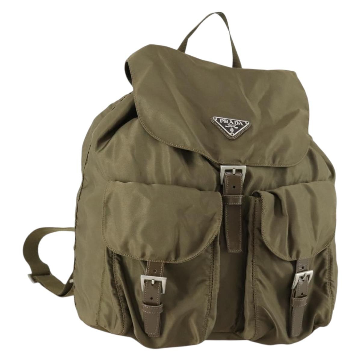 Prada Vela Double Front Pocket Backpack Tessuto with Saffiano Leather, KHAKI, NYLON, Backpack