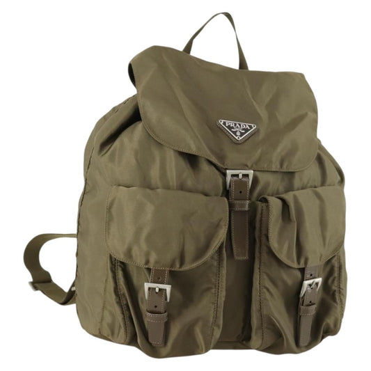 Prada Vela Double Front Pocket Backpack Tessuto with Saffiano Leather, KHAKI, NYLON, Backpack