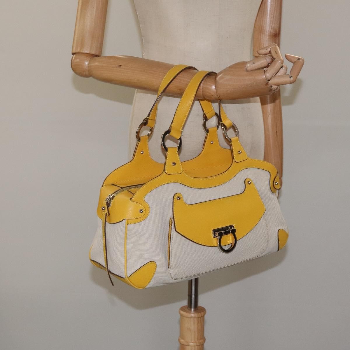 Salvatore Ferragamo Gancini handbag Canvas and Leather, YELLOW, CANVAS, Handbag