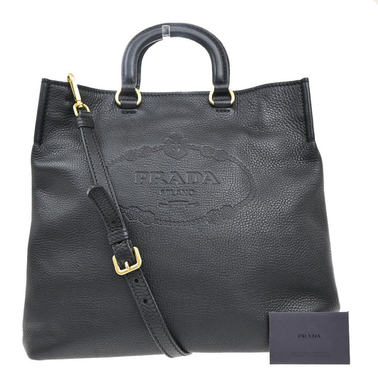 Prada Embossed Logo Convertible Open Tote Vitello Daino, BLACK, LEATHER, Tote bag