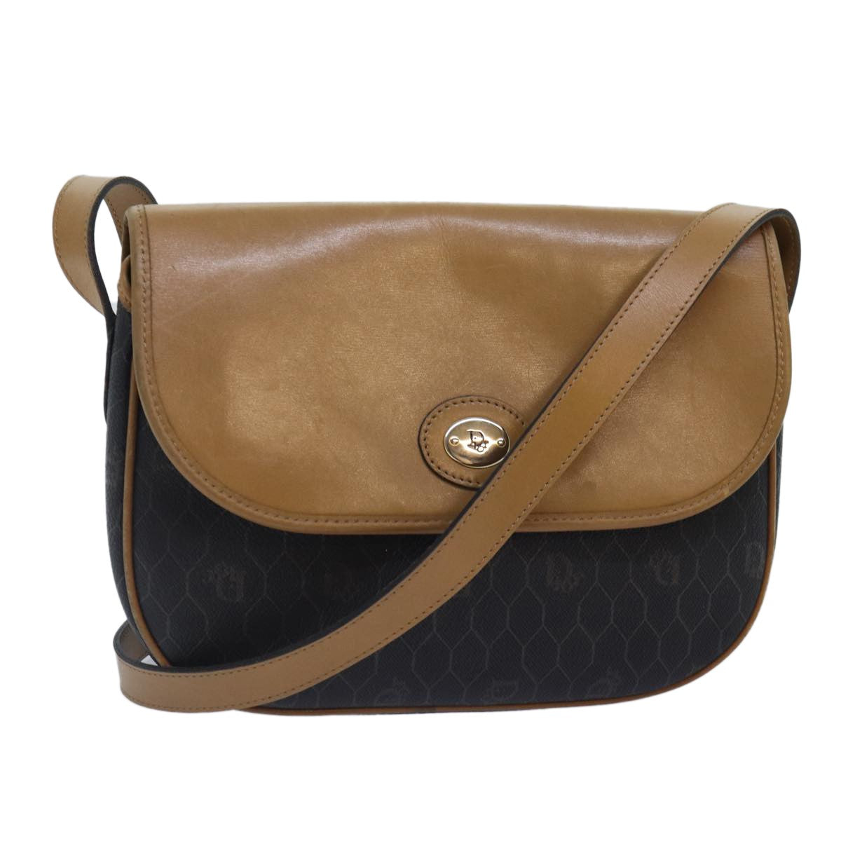 Christian Dior Vintage Honeycomb Flap Crossbody Bag Canvas and Leather, BLACK, CANVAS, Crossbody bag