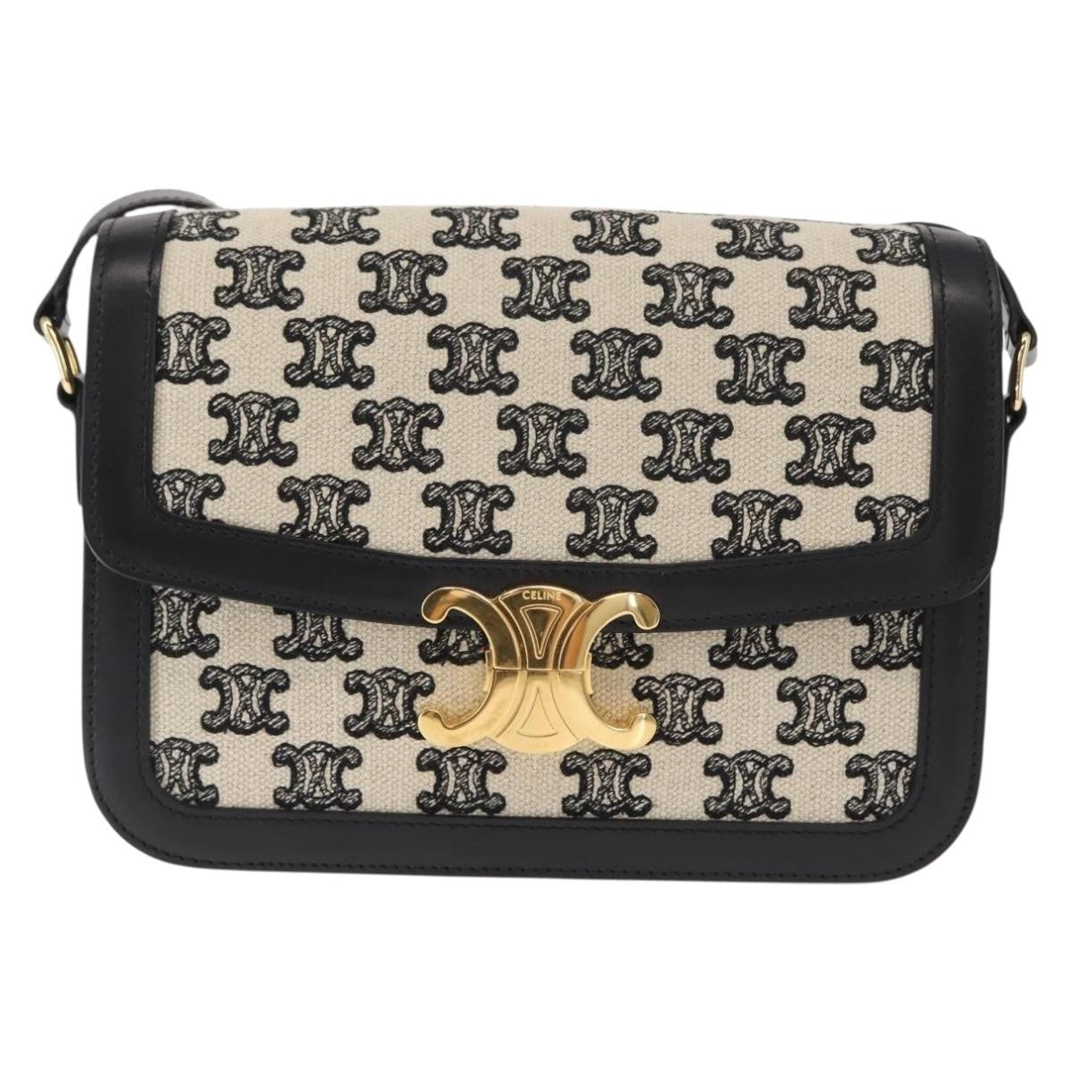 Celine Triomphe Shoulder Bag Canvas with Leather, BLACK, LEATHER, Shoulder bag