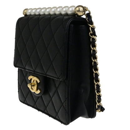 Chanel Chic Pearls Flap Bag Quilted Lambskin, BLACK, LEATHER, Shoulder bag