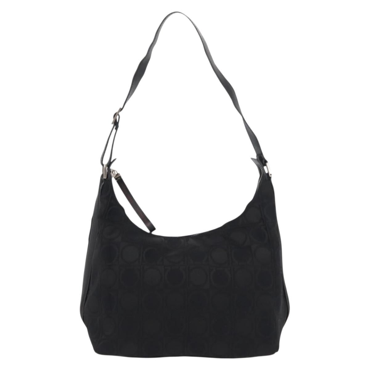 Salvatore Ferragamo Gancini Shoulder Bag Nylon, BLACK, LEATHER, Shoulder bag