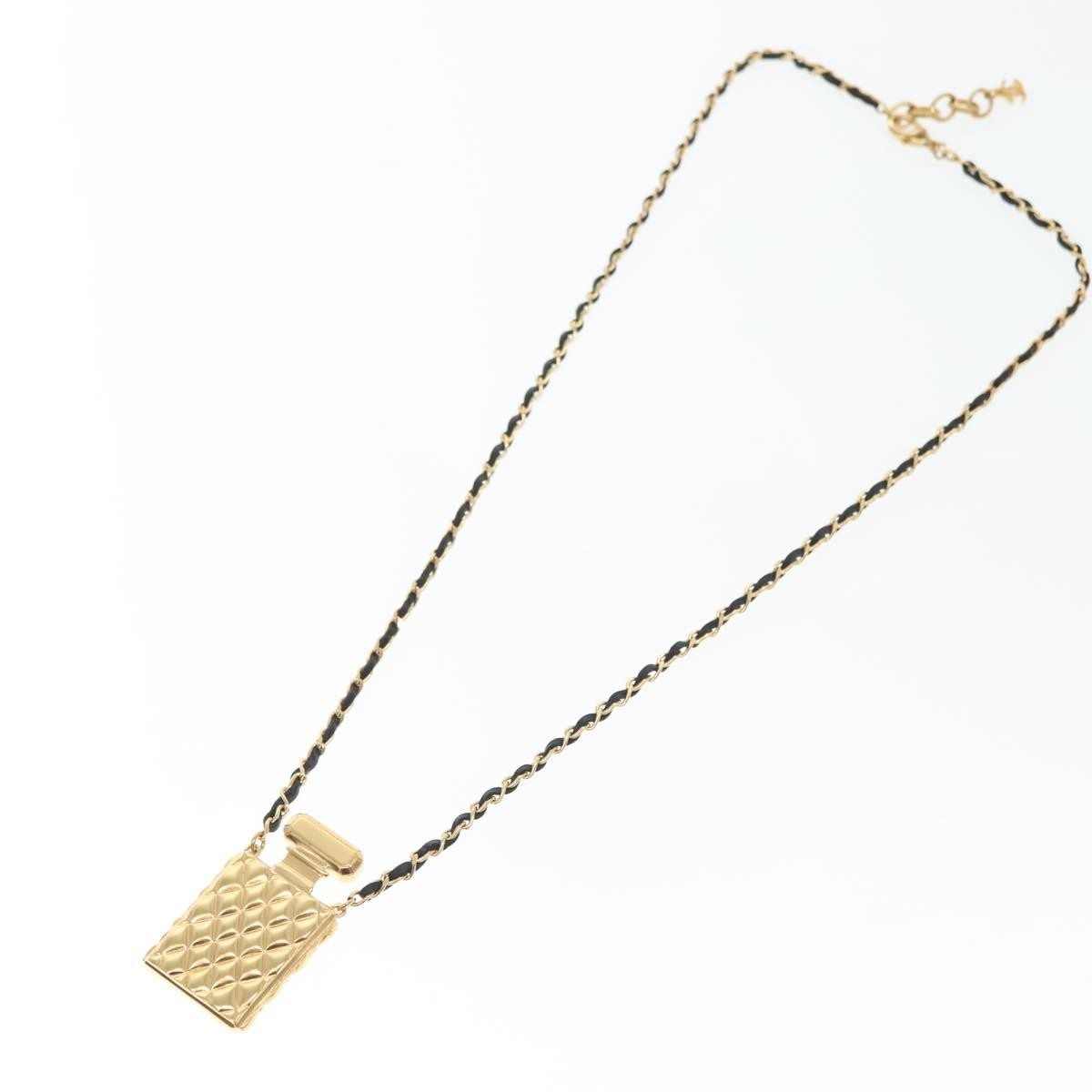 "Chanel CC Perfume Bottle Pendant Chain Long Necklace Metal with Leather, Crystals and Faux Pearl", GOLD, METAL, Necklace