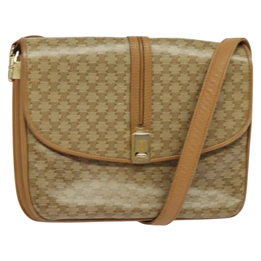 Celine Vintage Macadam Shoulder Bag Canvas and Leather, Beige, Canvas, Handbag