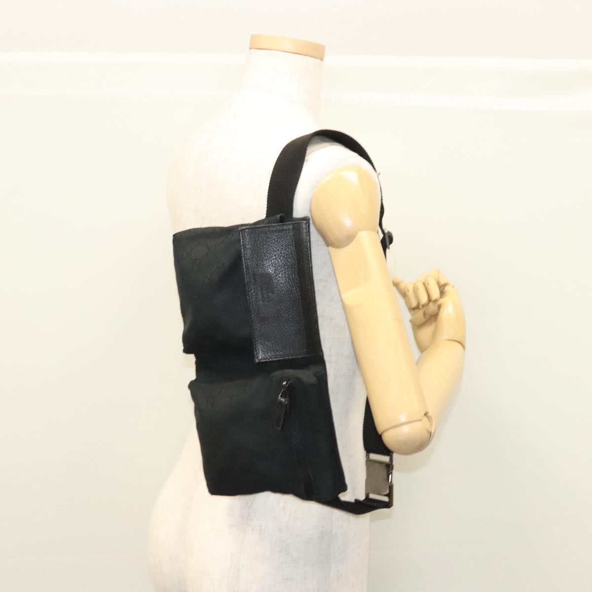 Gucci Vintage Double Belt Bag GG Canvas with Leather, BLACK, CANVAS, Shoulder bag