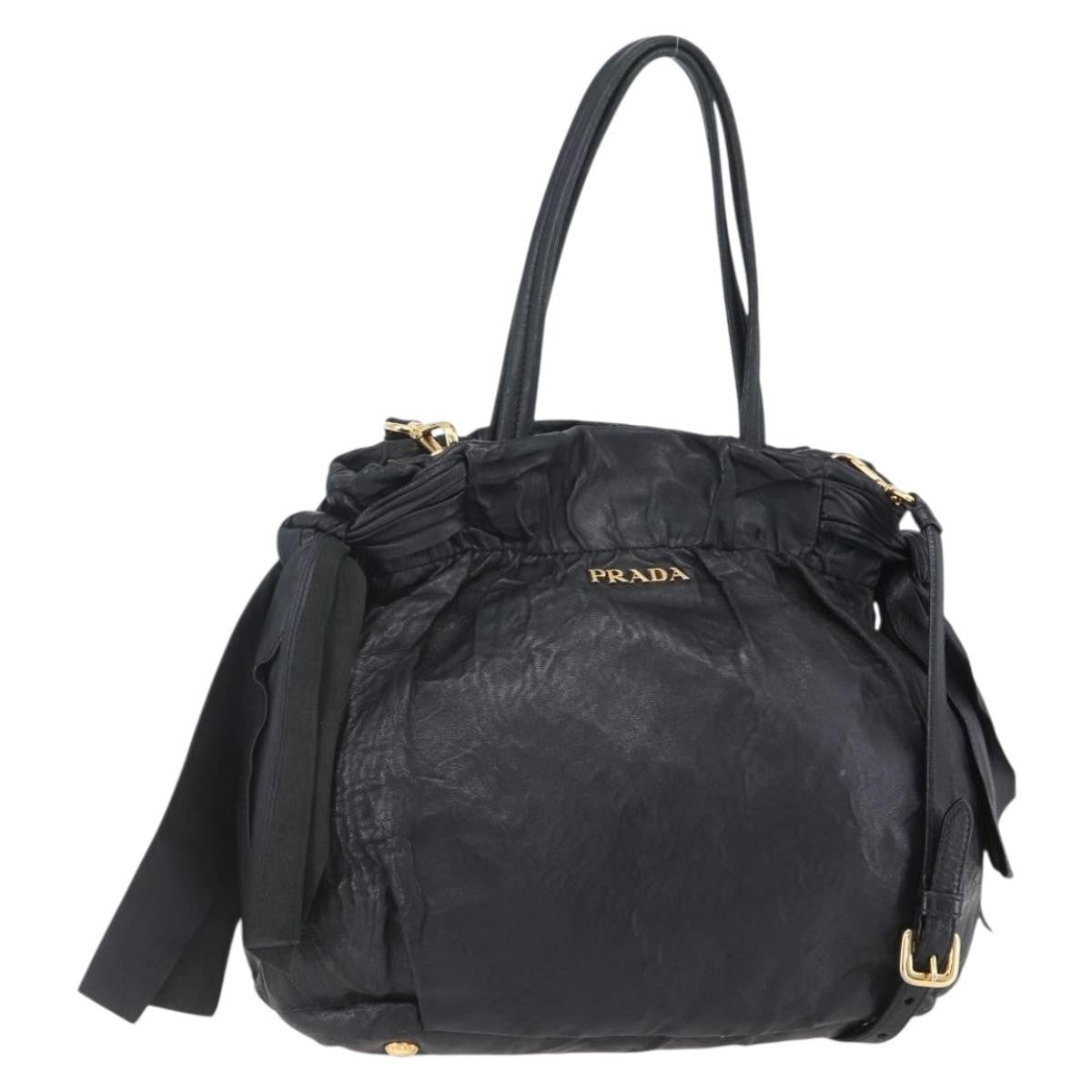 Prada Bow Tie Pleated Tote Leather, BLACK, LEATHER, Handbag