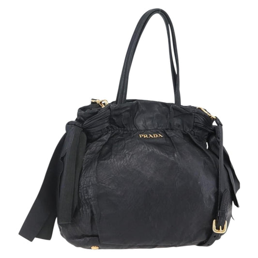 Prada Bow Tie Pleated Tote Leather, BLACK, LEATHER, Handbag