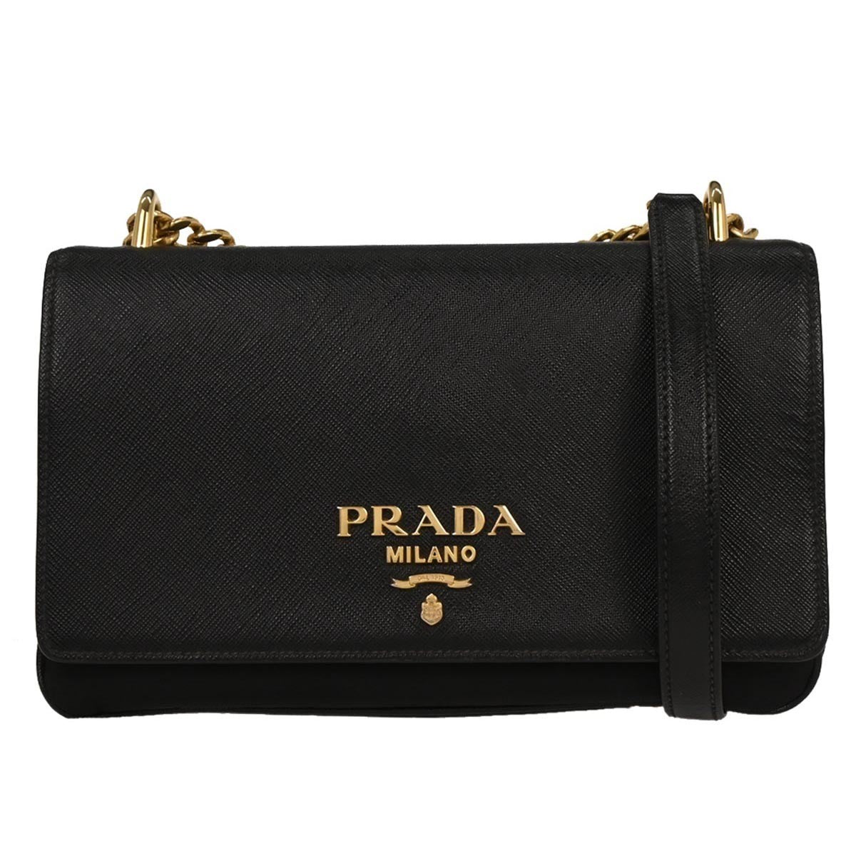 Prada Chain Flap Crossbody Bag Saffiano Leather, BLACK, LEATHER, Shoulder bag