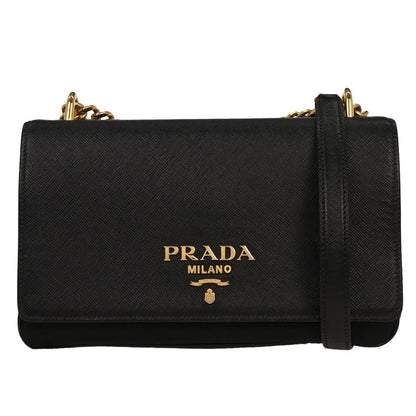 Prada Chain Flap Crossbody Bag Saffiano Leather, BLACK, LEATHER, Shoulder bag