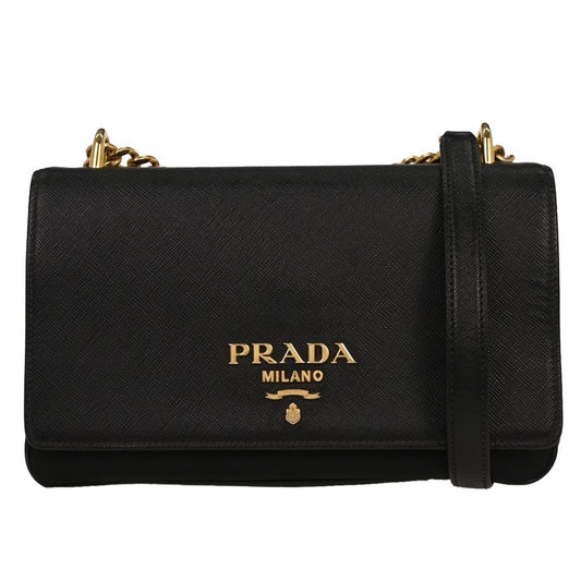 Prada Chain Flap Crossbody Bag Saffiano Leather, BLACK, LEATHER, Shoulder bag
