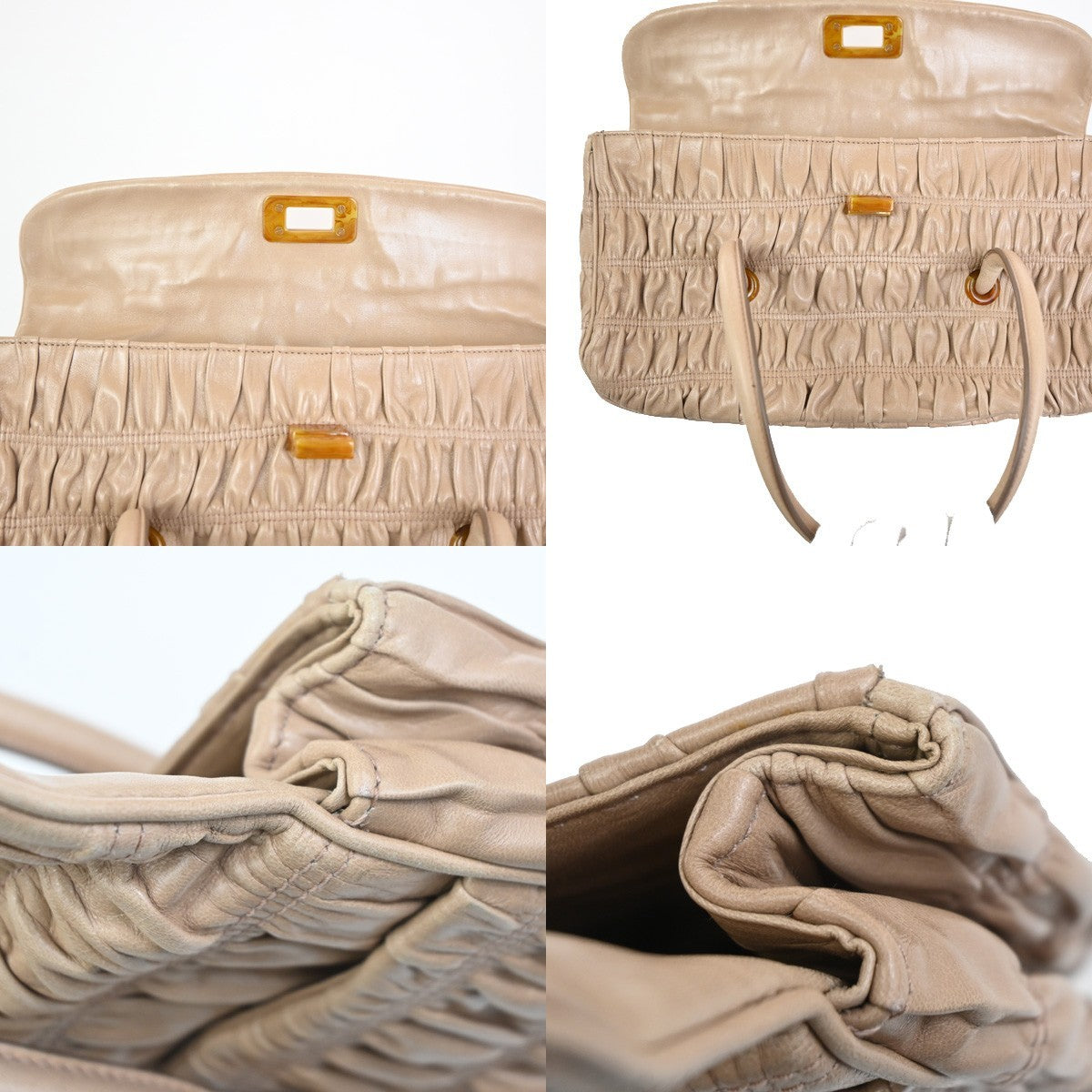 Prada Turnlock Shoulder Bag Nappa Gaufre, Beige, Leather, Shoulder Bag