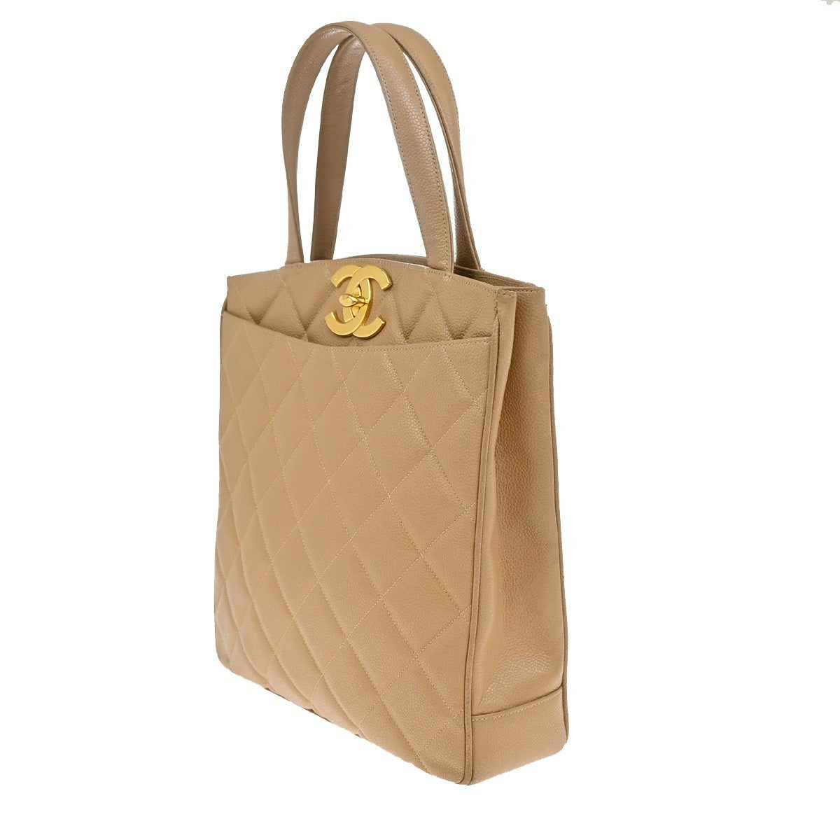 Chanel Vintage CC Lock Pocket Tote Quilted Caviar, BEIGE, LEATHER, Handbag