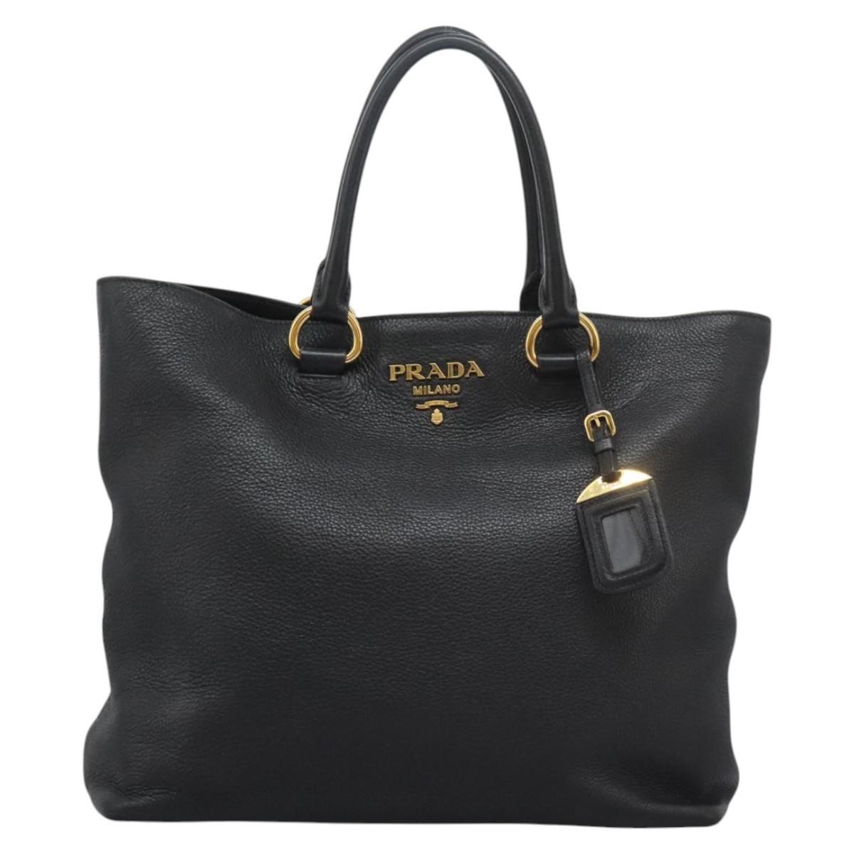 Prada Shopping Tote Vitello Daino, BLACK, LEATHER, Tote bag