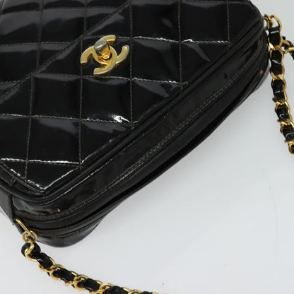 Chanel Vintage Square Front Pocket Camera Bag Quilted Patent, BLACK, LEATHER, Crossbody bag