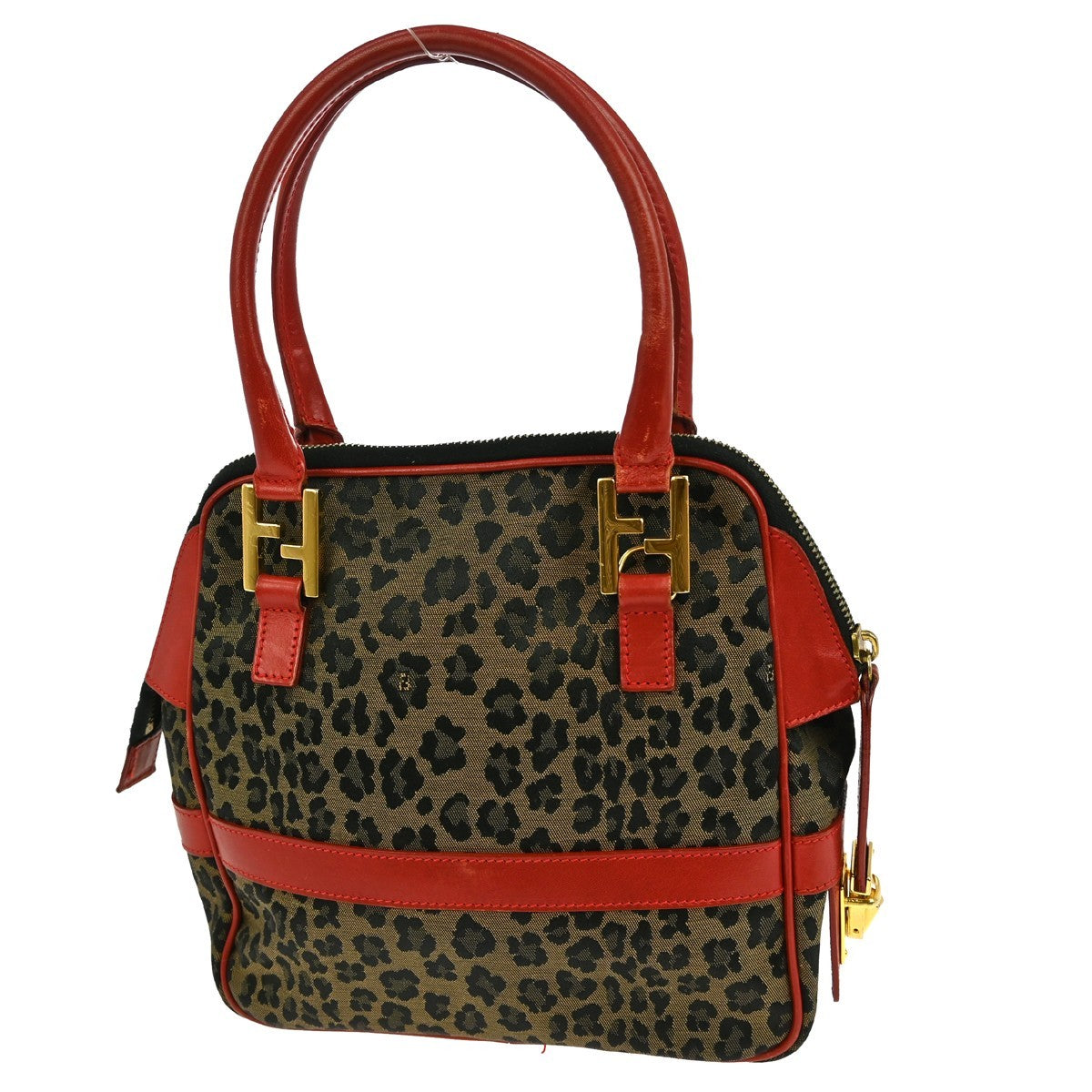 Fendi Vintage Convertible Bowling Bag Leopard Print Jacquard, BROWN, CANVAS, Handbag