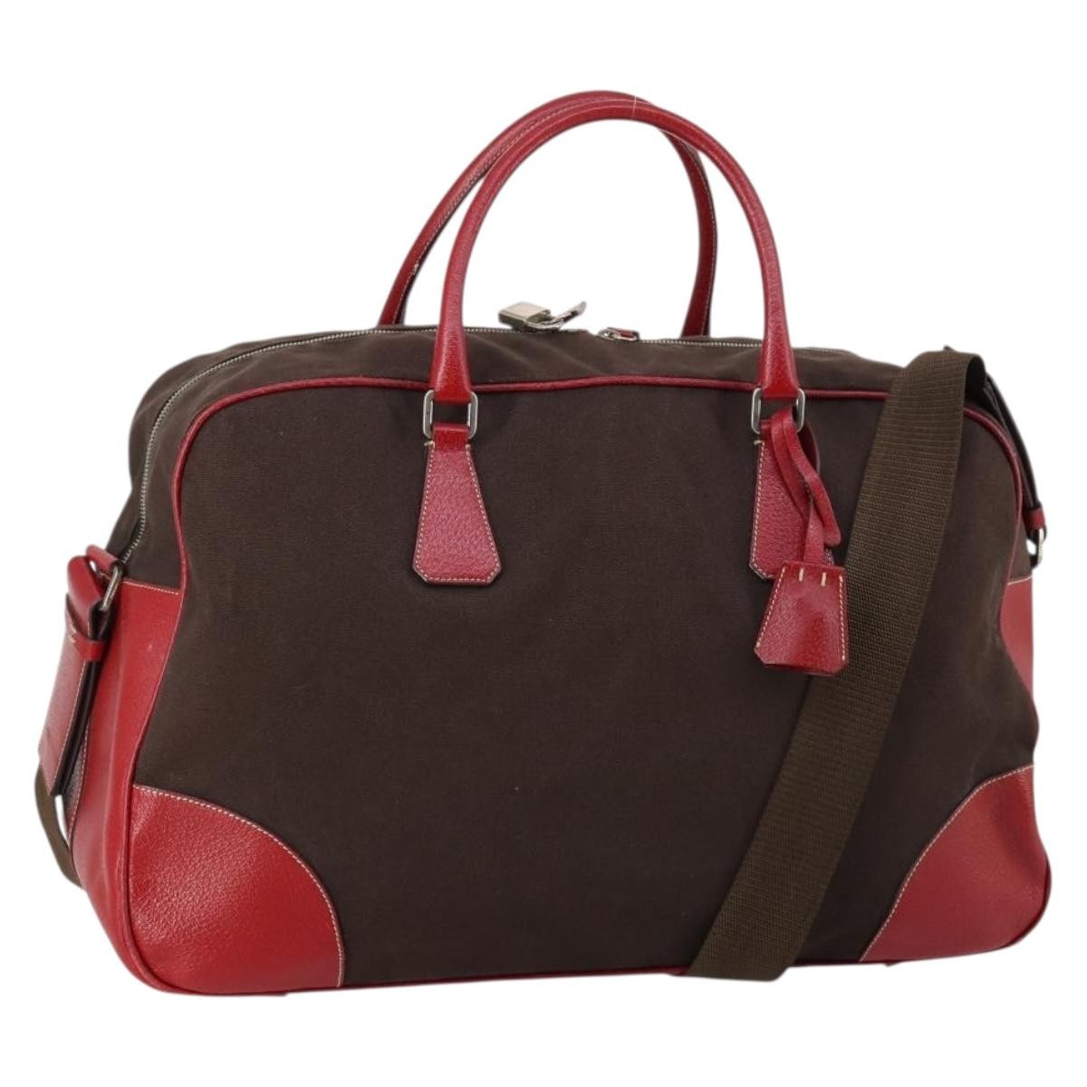 Prada Bowler Bag Canvas with Leather, BROWN, CANVAS, Travel bag