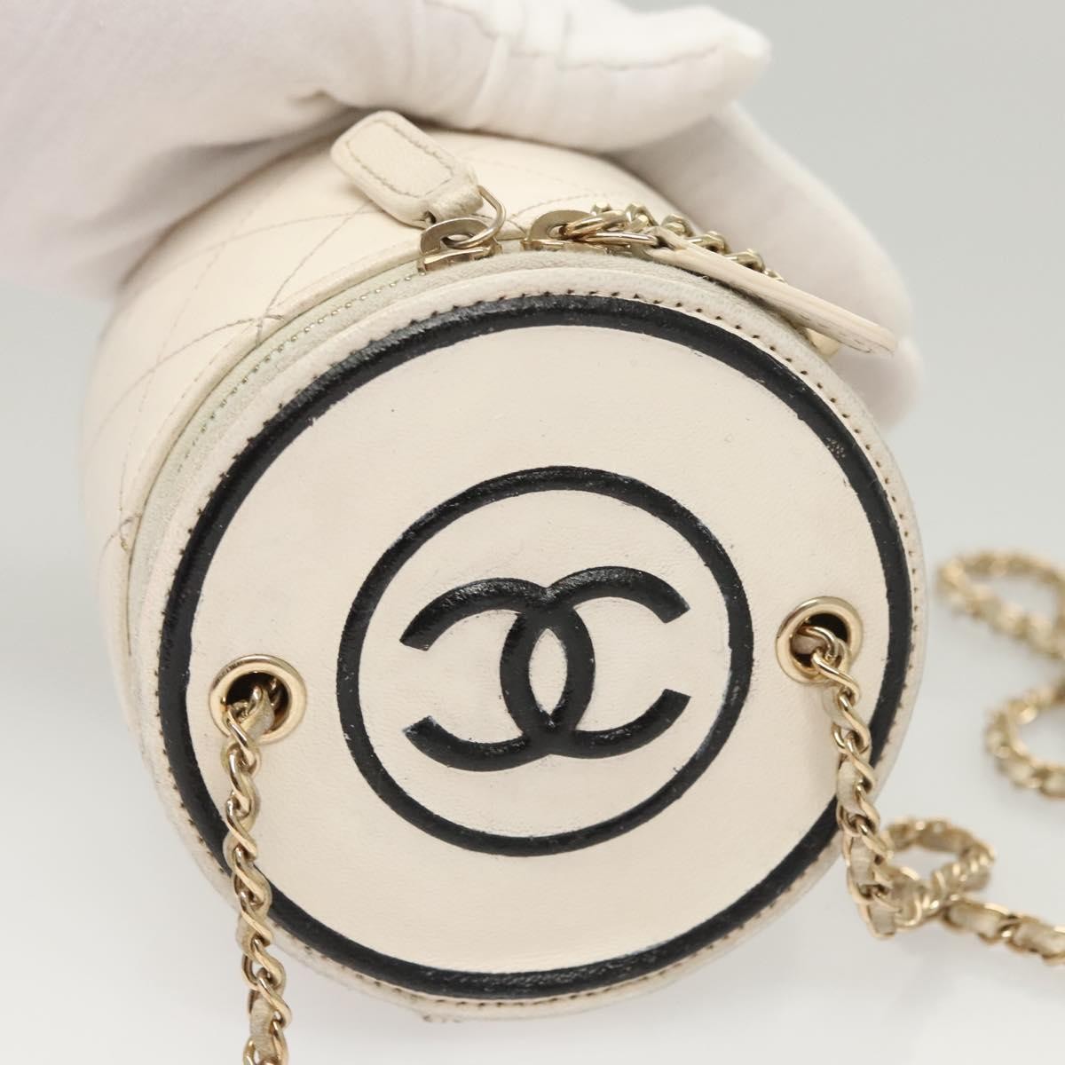 Chanel CC Round Vanity Case with Chain Quilted Lambskin, WHITE, LEATHER, Shoulder bag