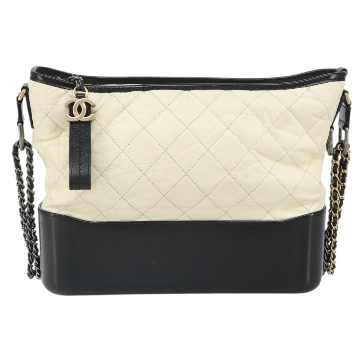Chanel Bicolor Gabrielle Hobo Quilted Aged Calfskin, WHITE, LEATHER, Shoulder bag