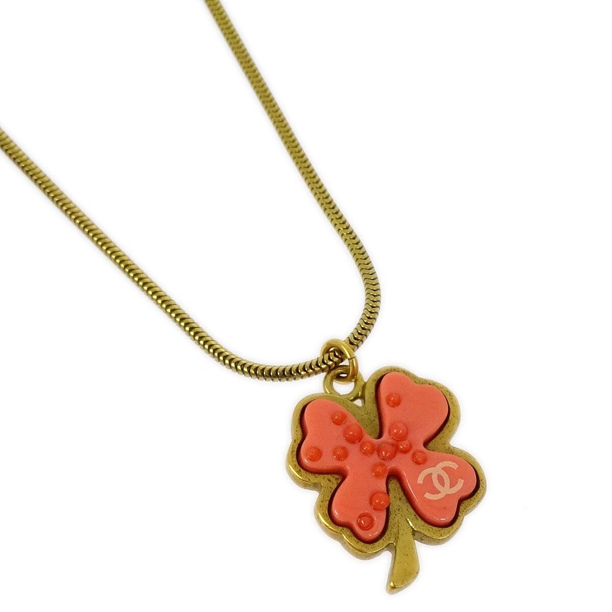 Chanel Vintage CC Clover Pendant Necklace Resin, GOLD, METAL, Necklace