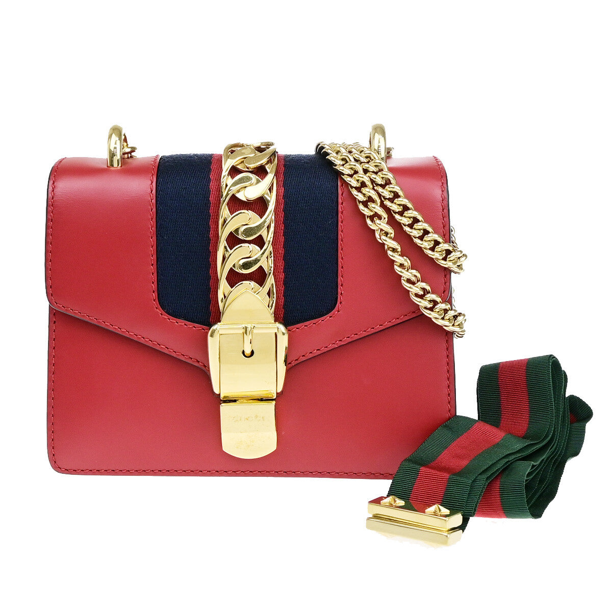 Gucci Sylvie Shoulder Bag Leather, RED, LEATHER, Shoulder bag