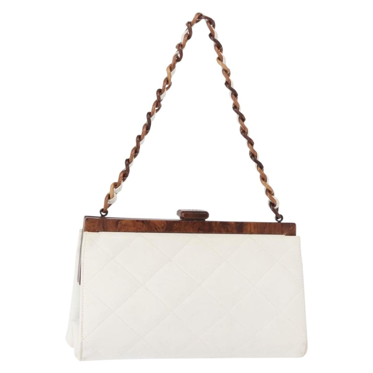 Chanel Wooden Frame Striped Shoulder Bag Leather, WHITE, LEATHER, Shoulder bag