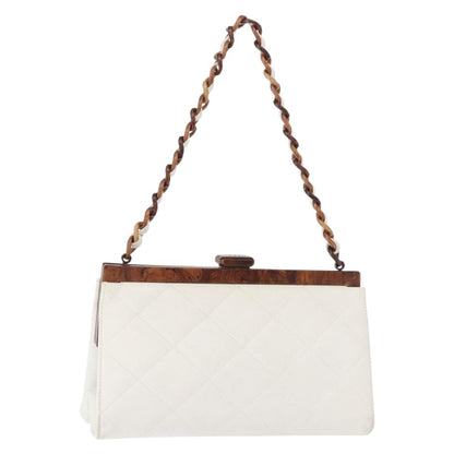 Chanel Wooden Frame Striped Shoulder Bag Leather, WHITE, LEATHER, Shoulder bag