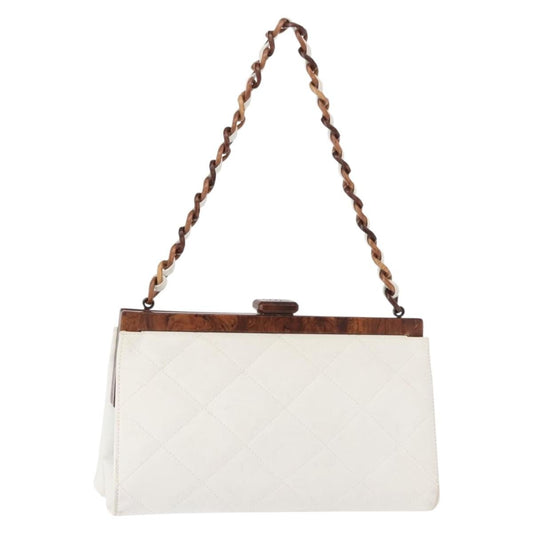 Chanel Wooden Frame Striped Shoulder Bag Leather, WHITE, LEATHER, Shoulder bag