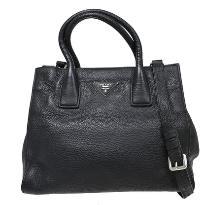 Prada Vitello Daino Convertible Tote Vitello Daino, Black, Leather, Handbag