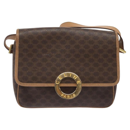 Celine Vintage Macadam Circle Logo Shoulder Bag Canvas and Leather, Brown, Canvas, Shoulder Bag