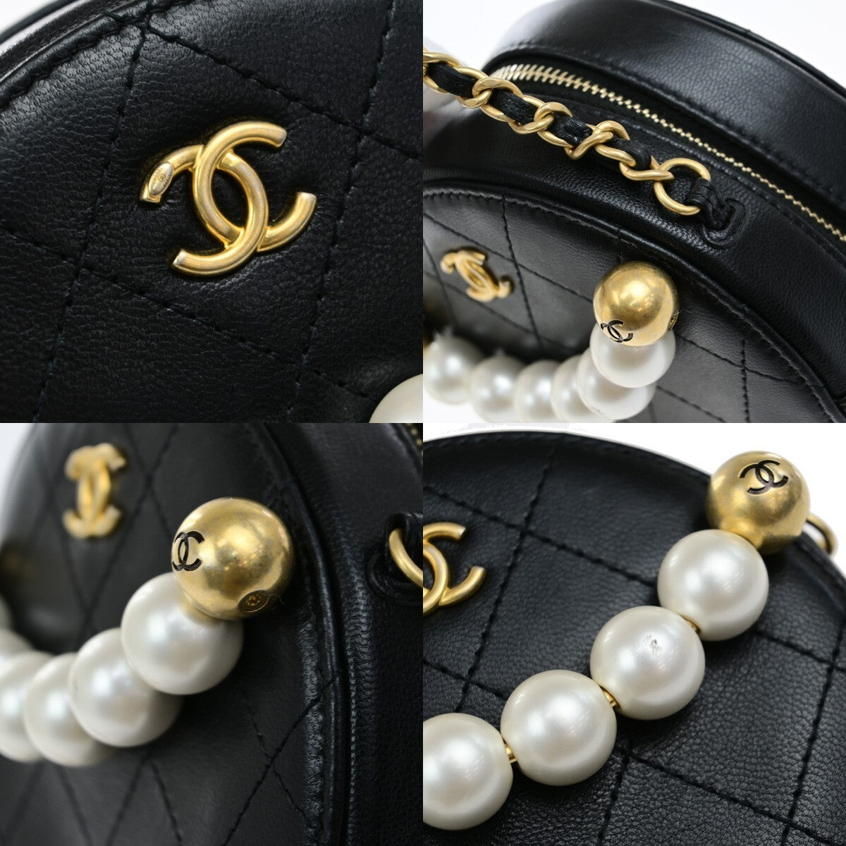 Chanel Chic Pearls Round Clutch with Chain Quilted Lambskin, BLACK, LEATHER, Shoulder bag