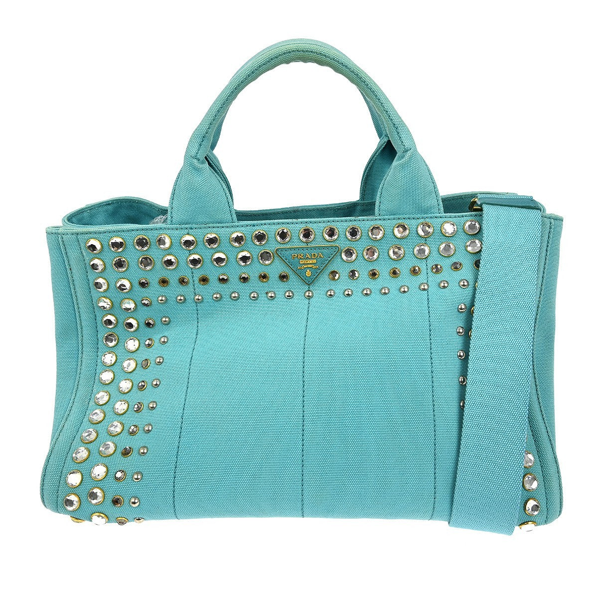 Prada Canapa Tote Rhinestone Embellished Canvas, BLUE, CANVAS, Tote bag