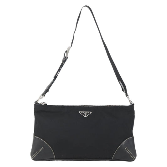 Prada Belted Shoulder Bag Tessuto with Leather, BLACK, NYLON, Shoulder bag