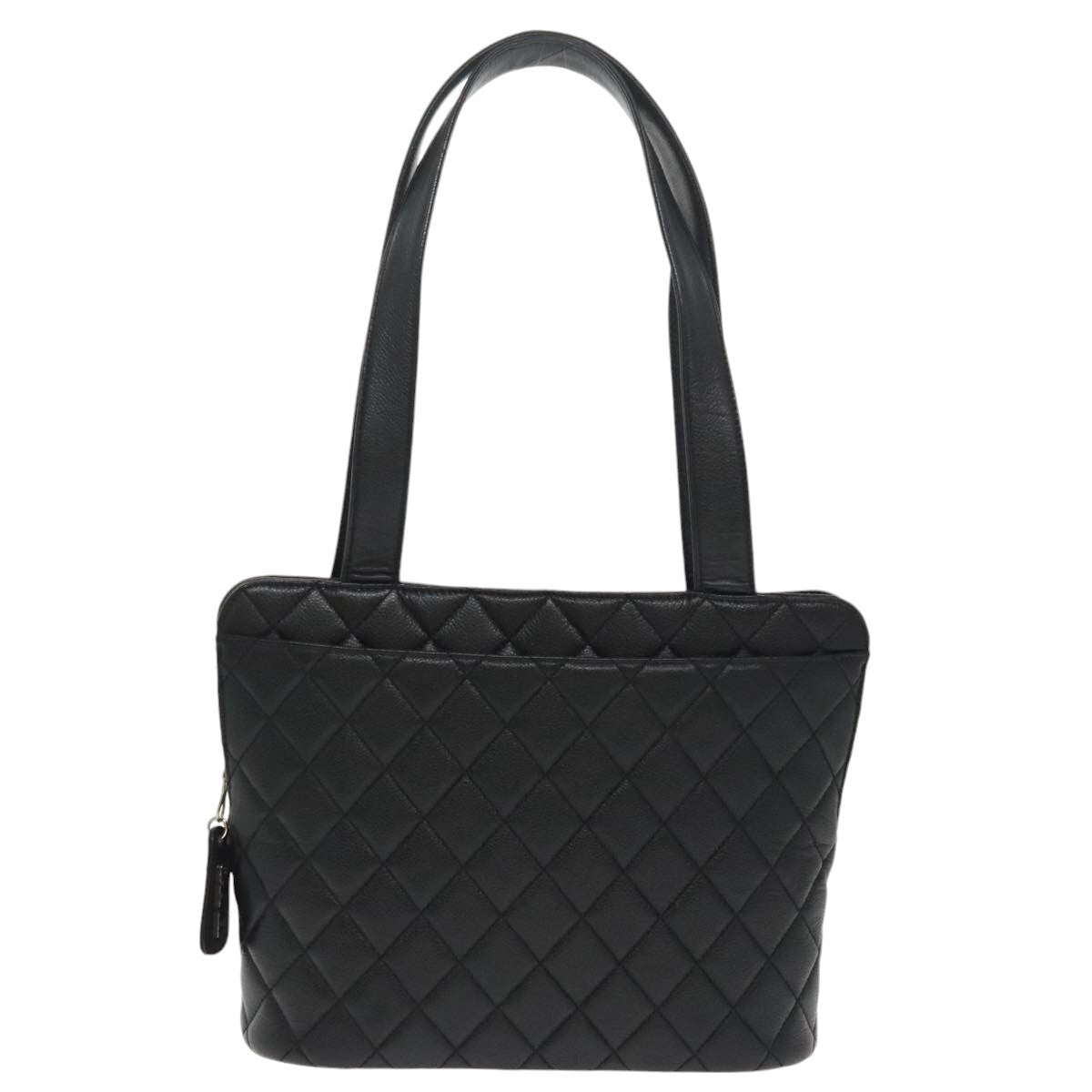 Chanel Vintage CC Zip Around Shoulder Bag Quilted Caviar, BLACK, LEATHER, Tote bag
