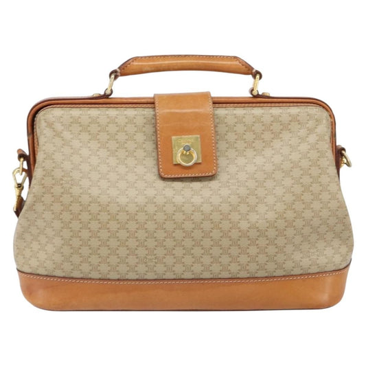Celine Vintage Macadam Handbag Canvas and Leather, BEIGE, CANVAS, Handbag