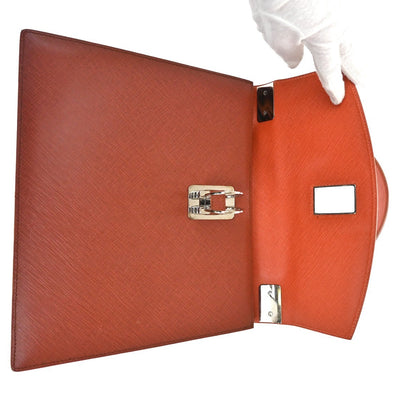 Salvatore Ferragamo Double Gancini Top Handle Bag Saffiano Leather, Brown, Leather, Handbag