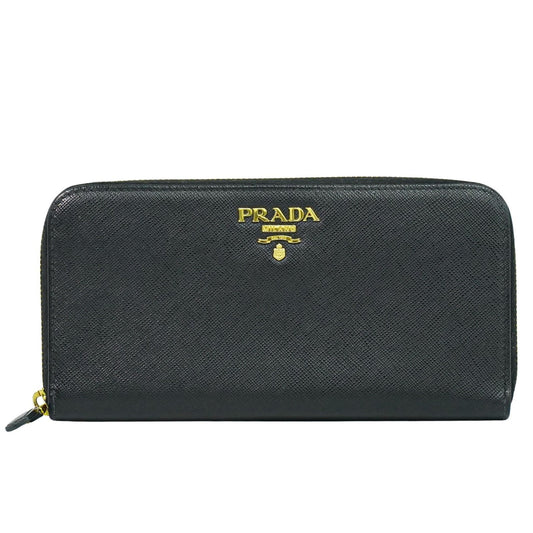 Prada Zip Around Tab Wallet Saffiano Leather, Black, Leather, Wallet