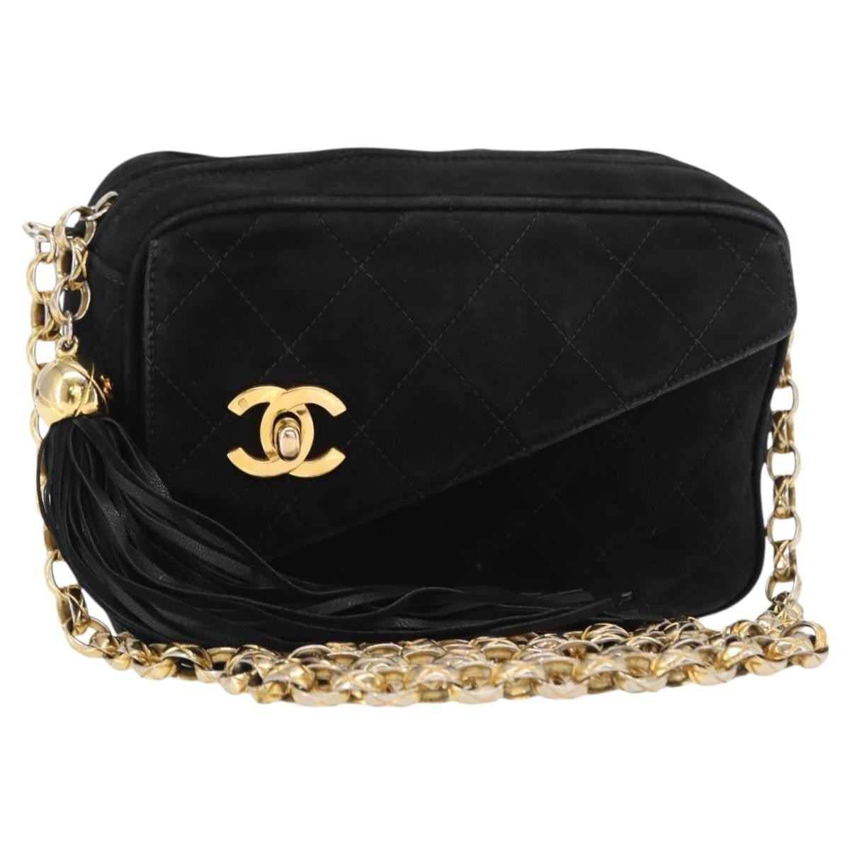Chanel Vintage Front Pocket Camera Bag Quilted Suede, BLACK, SUEDE, Shoulder bag