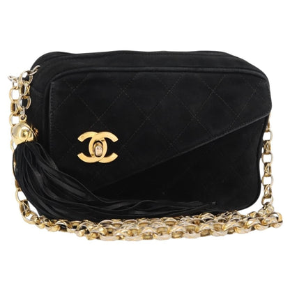 Chanel Vintage Front Pocket Camera Bag Quilted Suede, BLACK, SUEDE, Shoulder bag