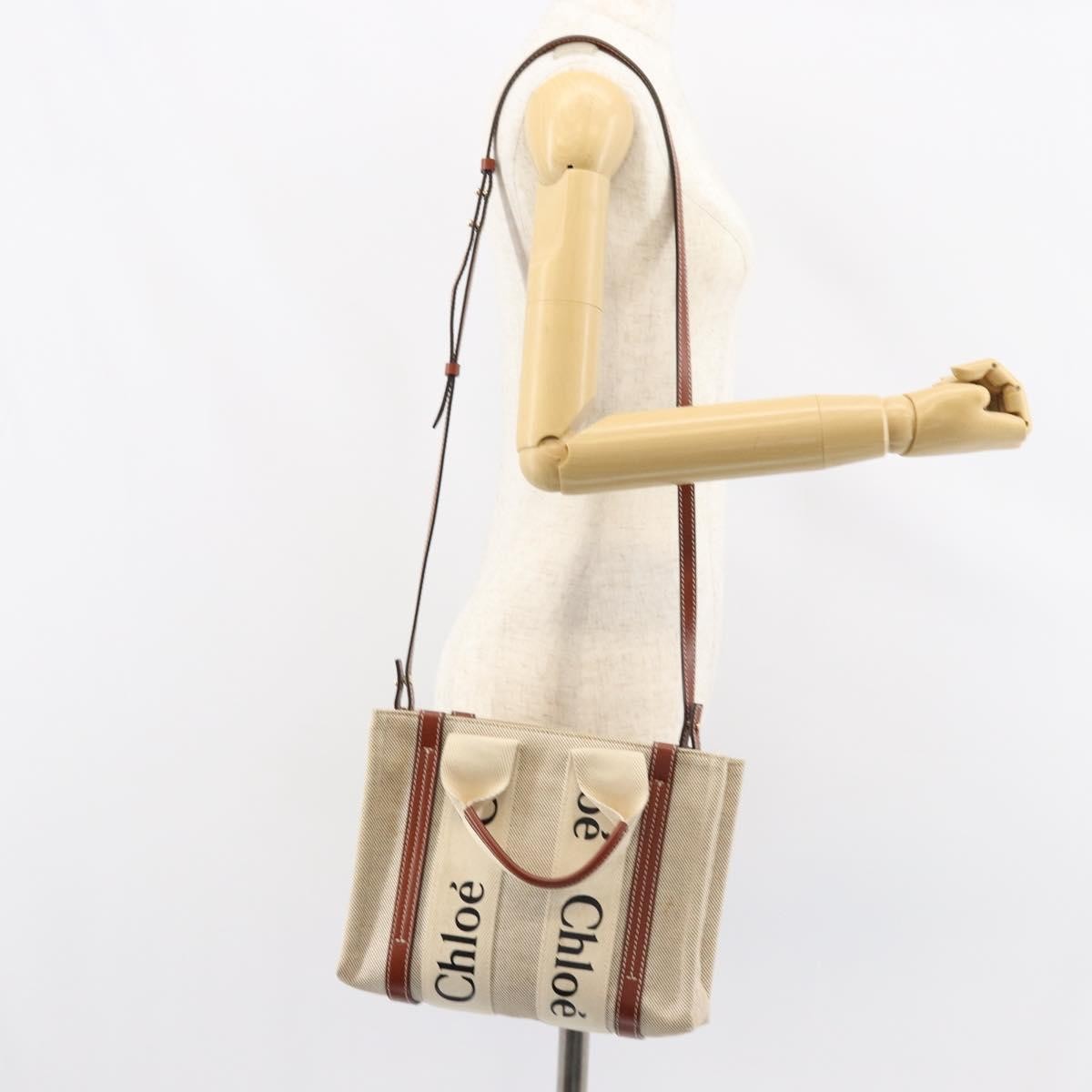 Chloe Woody Convertible Tote Canvas with Leather, BEIGE, CANVAS, Handbag