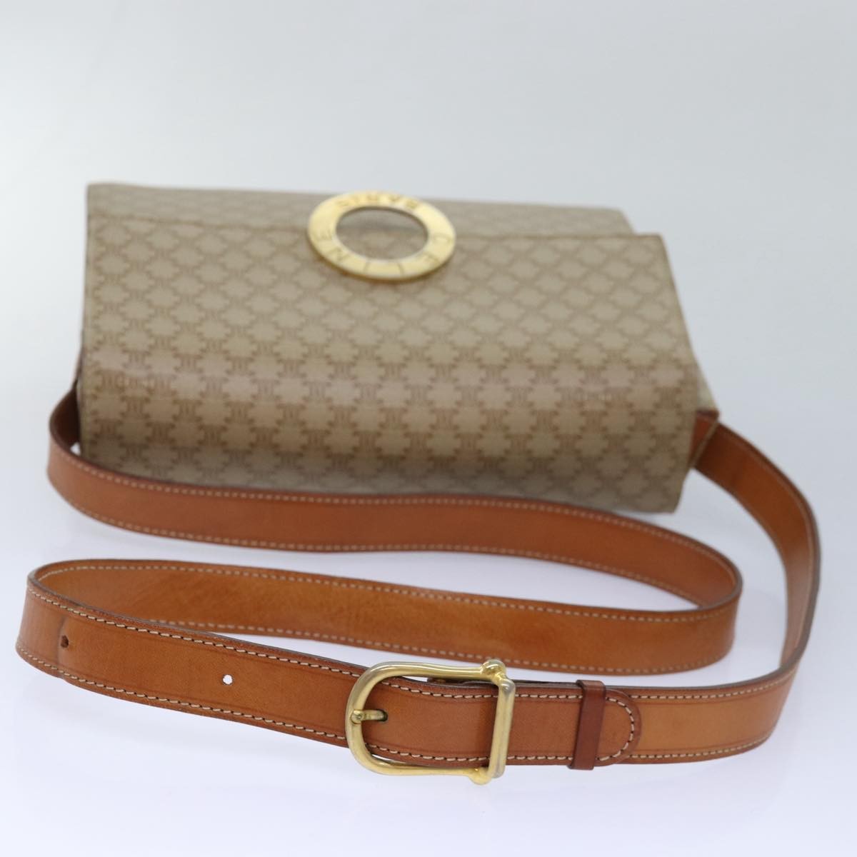 Celine Vintage Macadam Circle Logo Shoulder Bag Canvas and Leather, Beige, Canvas, Shoulder Bag