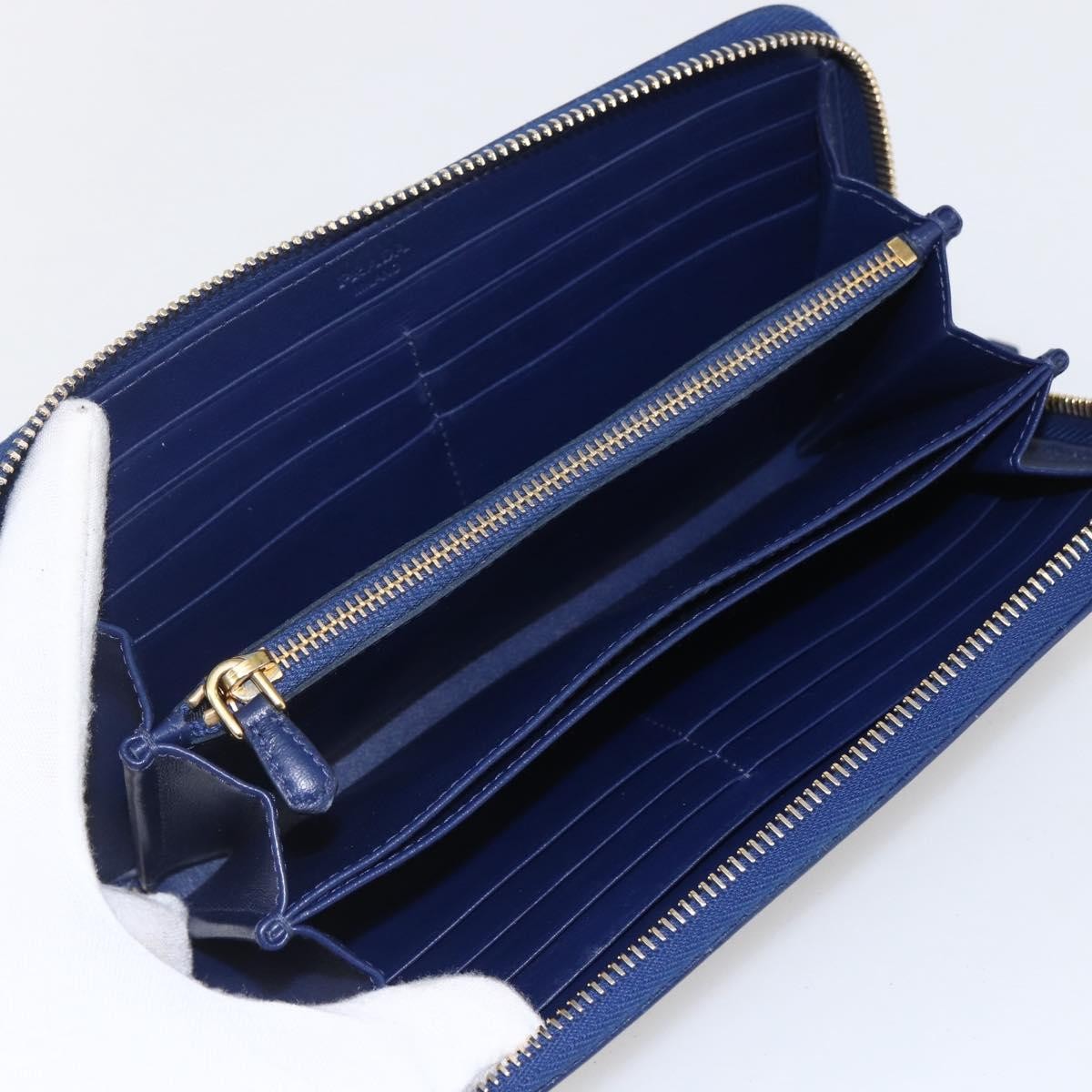 Prada Zip Around Organizer Wallet Saffiano Leather with Applique, BLUE, LEATHER, Wallets