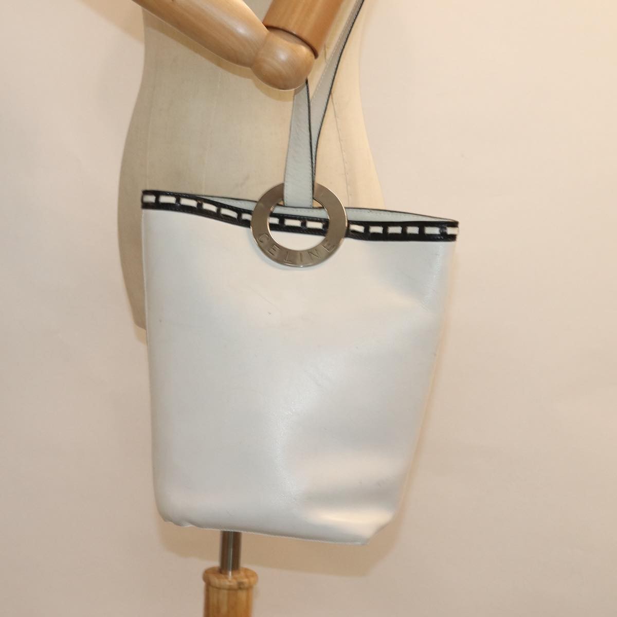 Celine Circle logo Leather, WHITE, LEATHER, Shoulder bag