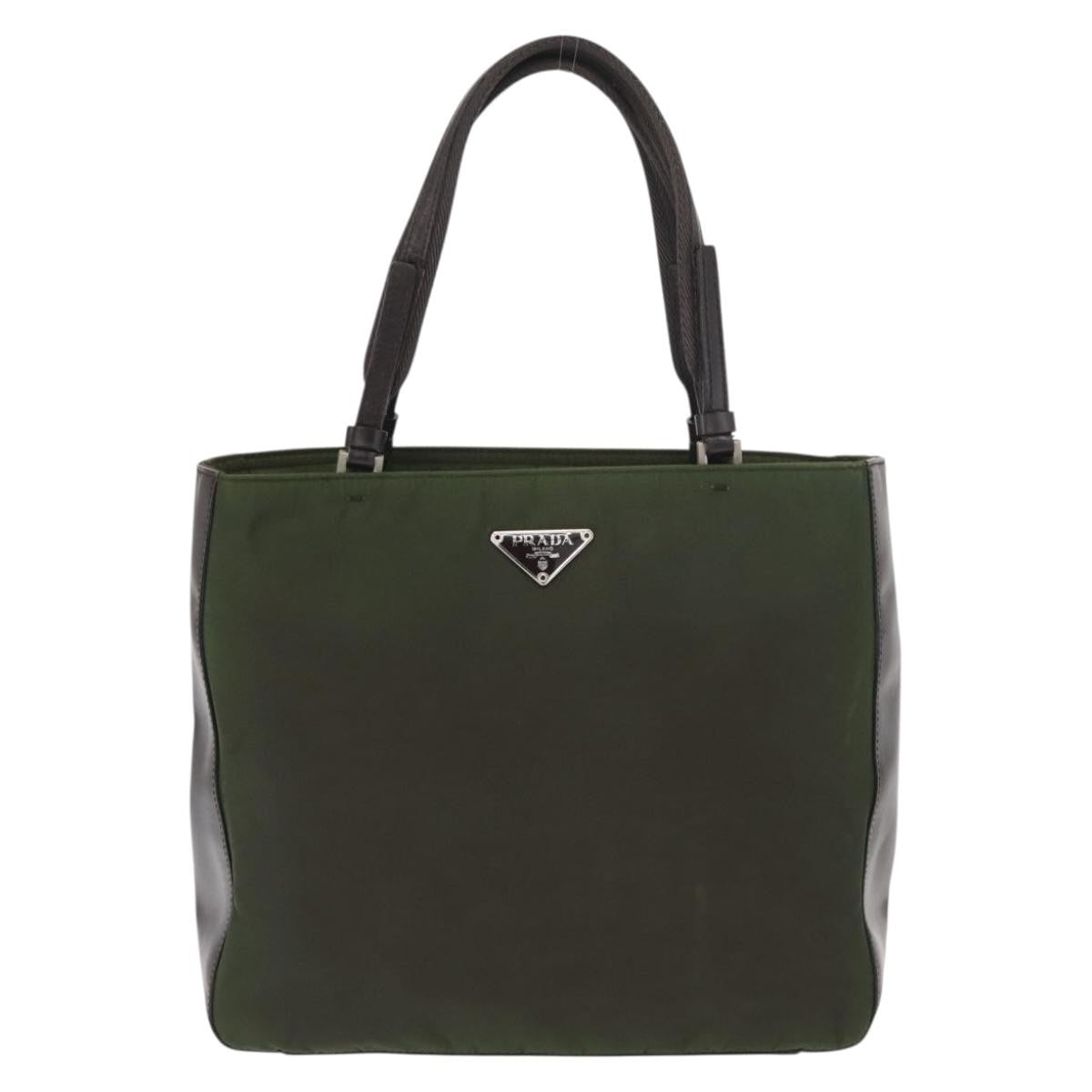 Prada Logo Shopping Tote Canvas with Leather, KHAKI, NYLON, Handbag