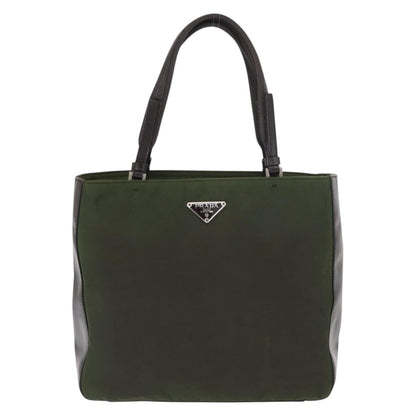Prada Logo Shopping Tote Canvas with Leather, KHAKI, NYLON, Handbag