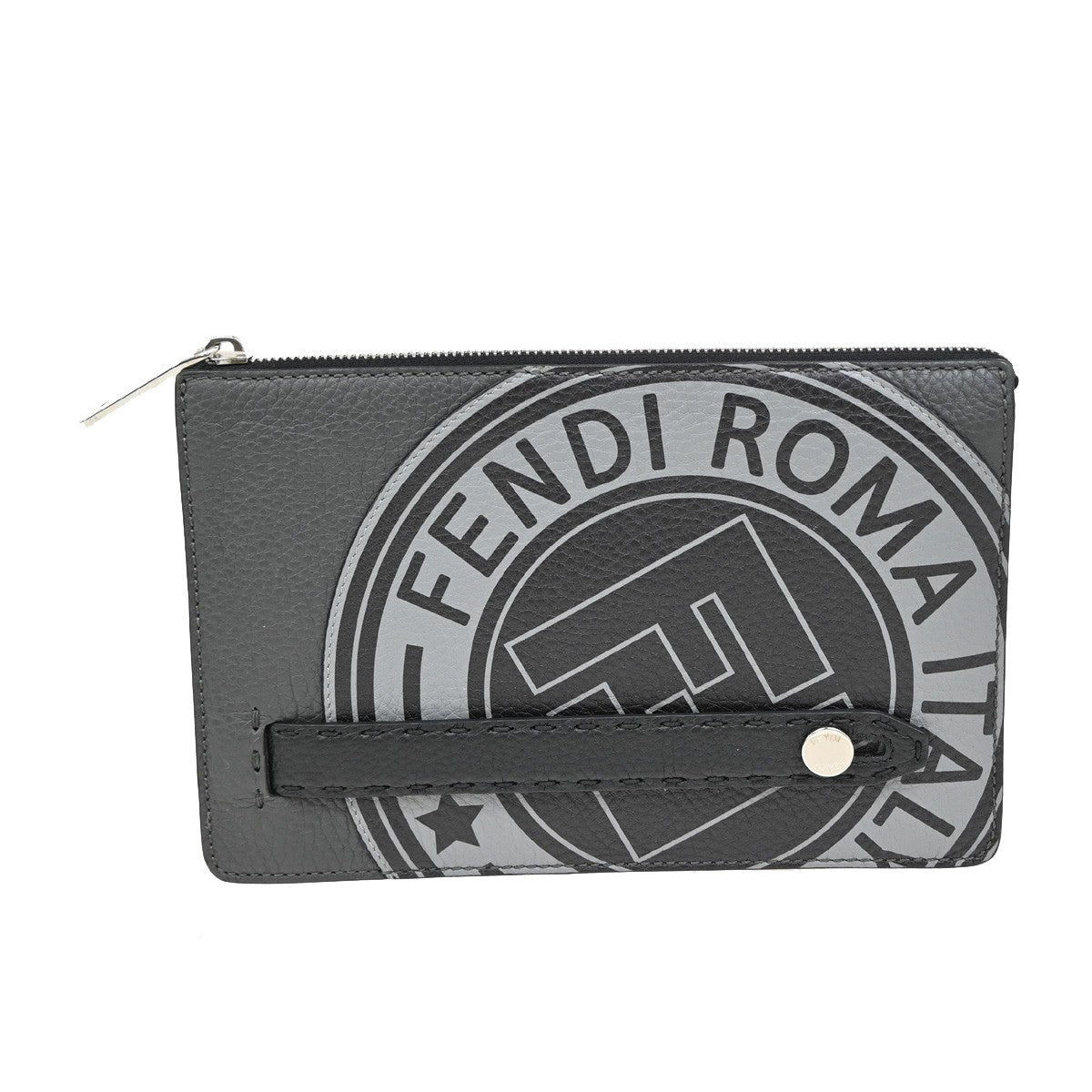 Fendi logo zip pouch FF Printed Leathear, GRAY, LEATHER, Clutche & pouche