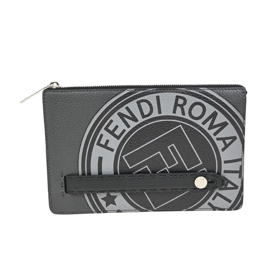 Fendi logo zip pouch FF Printed Leathear, GRAY, LEATHER, Clutche & pouche
