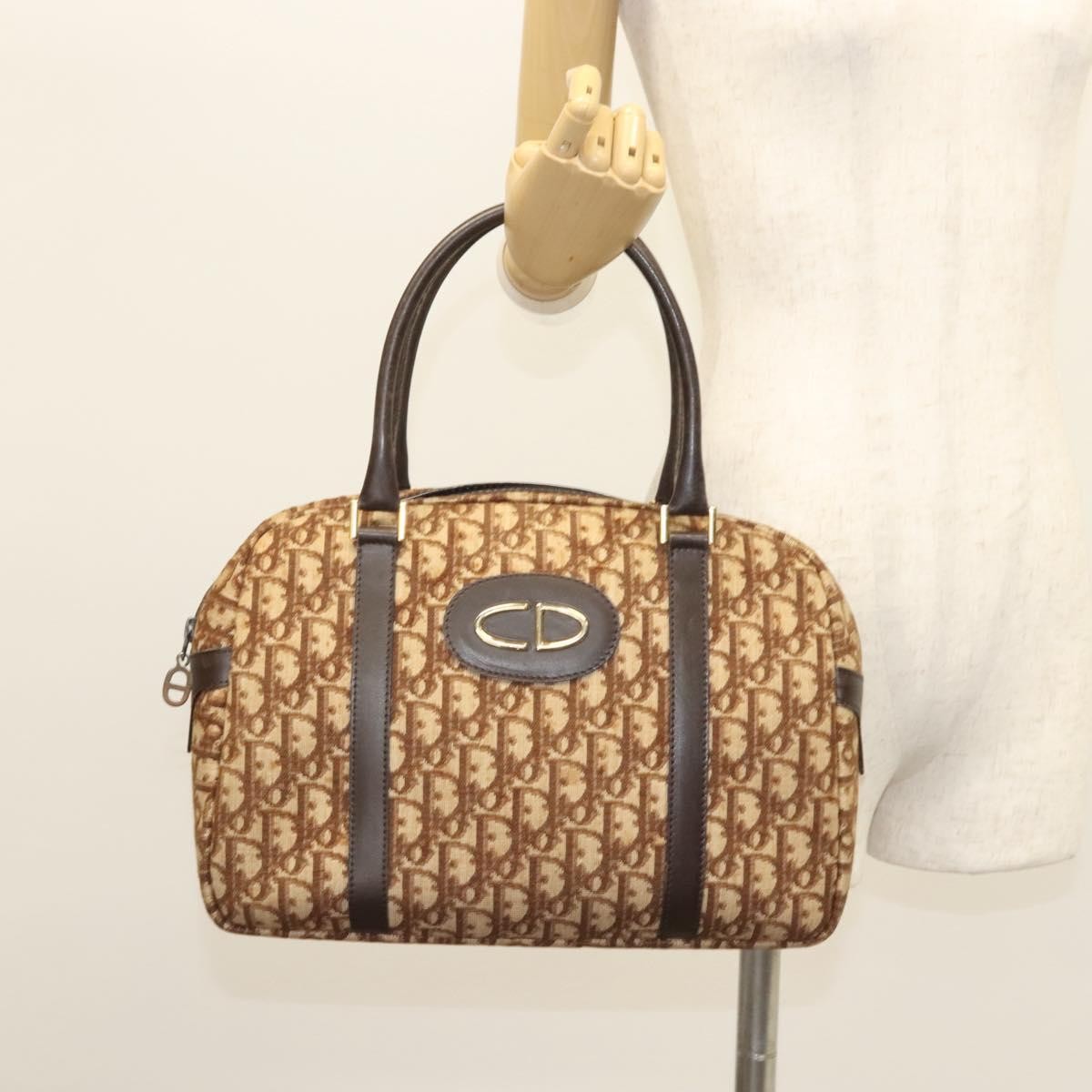 Christian Dior Vintage CD Trotter Handbag Canvas, BROWN, CANVAS, Handbag